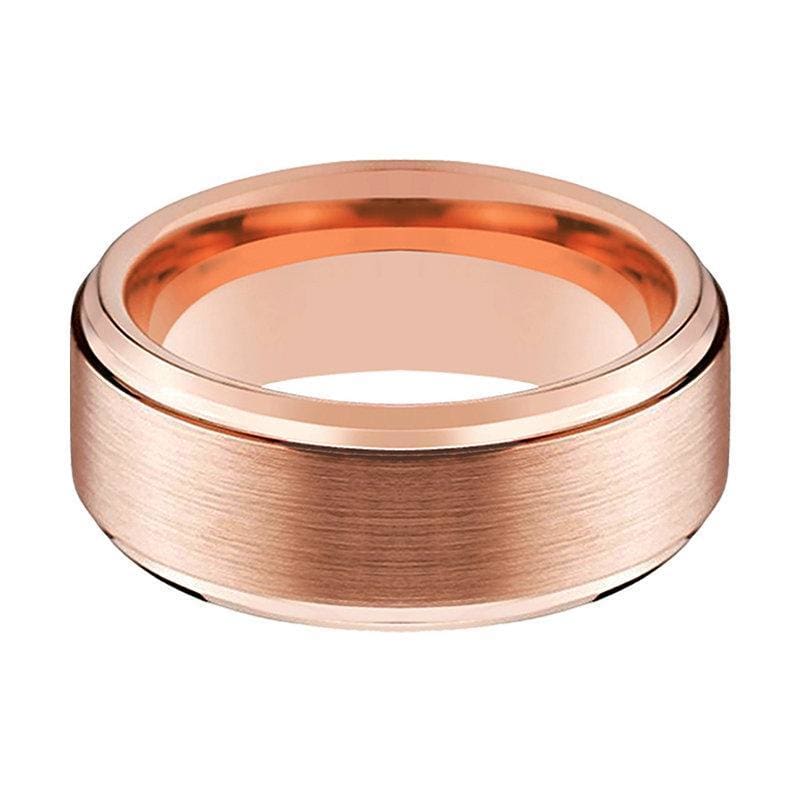 Tungsten Wedding Ring With Rose Gold Inlaid Brushed Center & Stepped Edges - 6mm