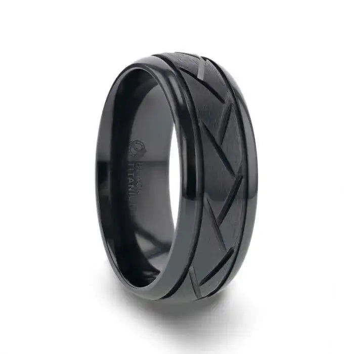 Diomedes black titanium ring, side view
