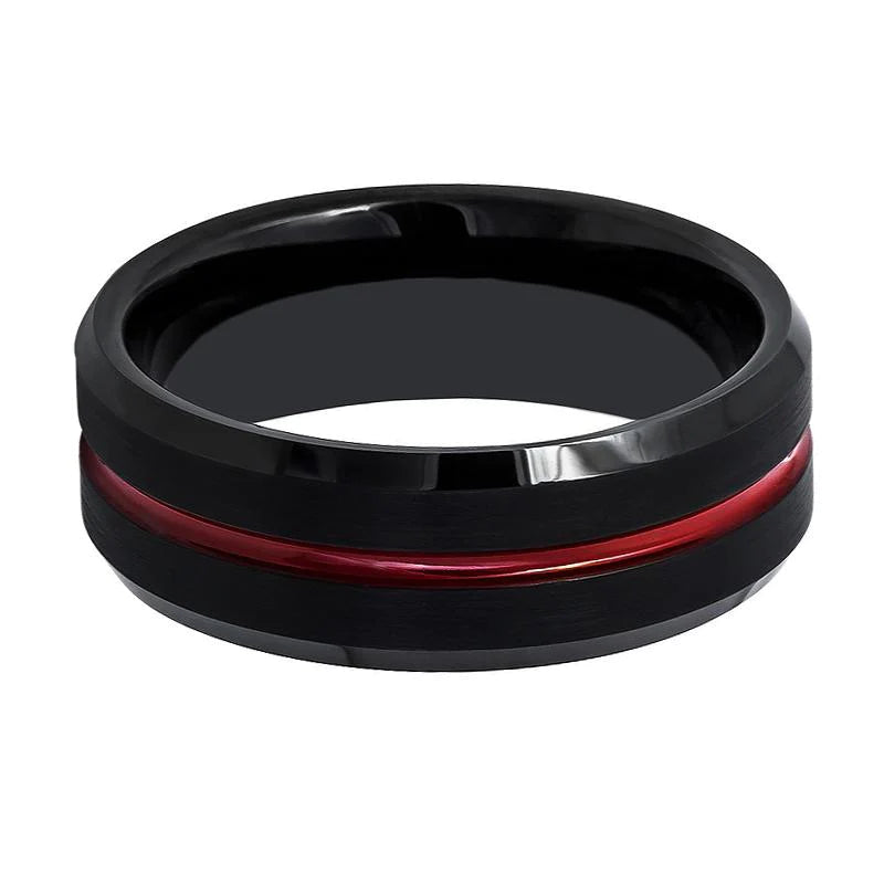 Zeno Beveled Black Tungsten Wedding Ring Red Grooved Center - 6mm & 8mm