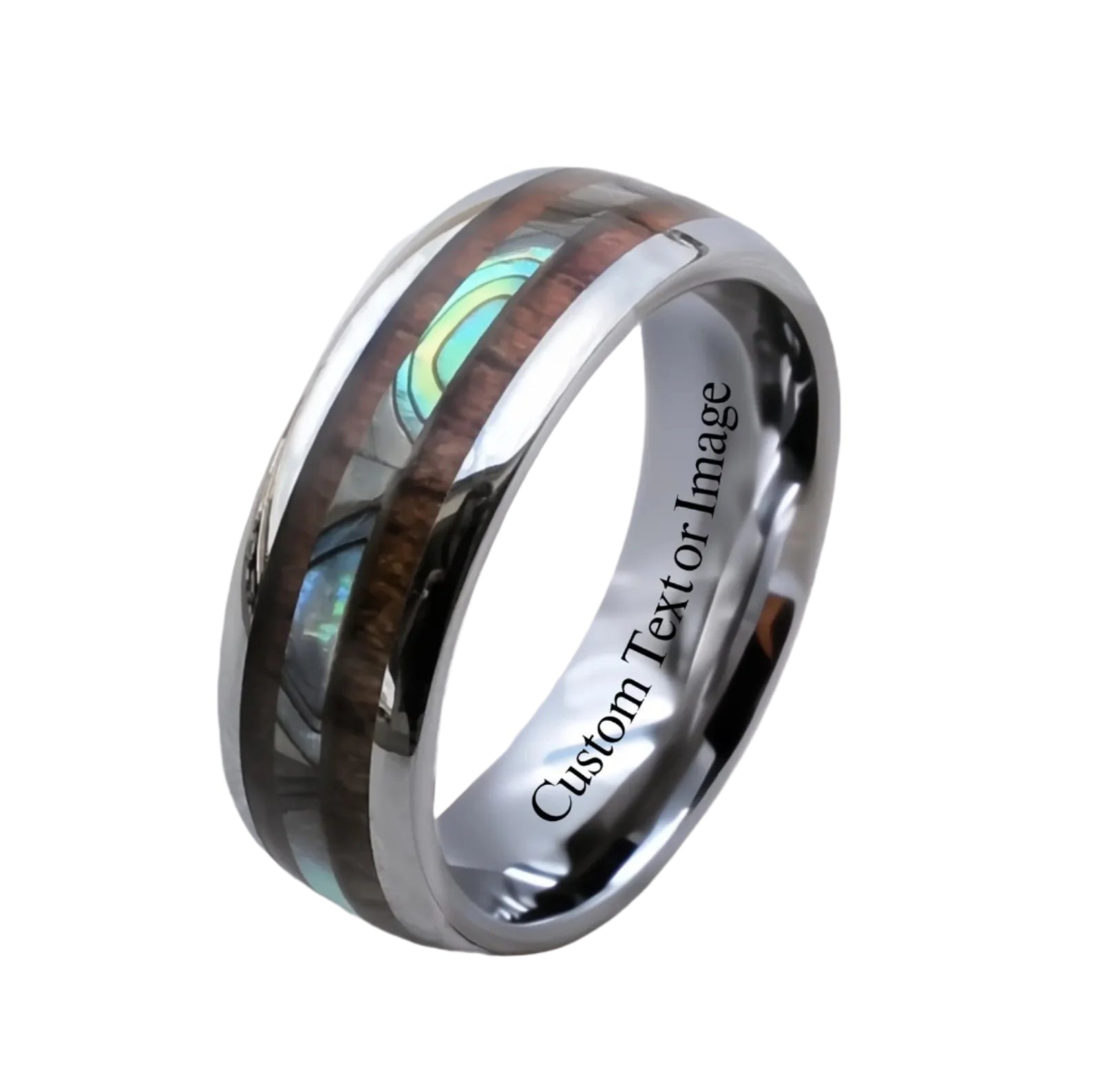 Dennis Abalone Shell Koa Wood Inlay Domed Tungsten Carbide Wedding Ring - 8mm