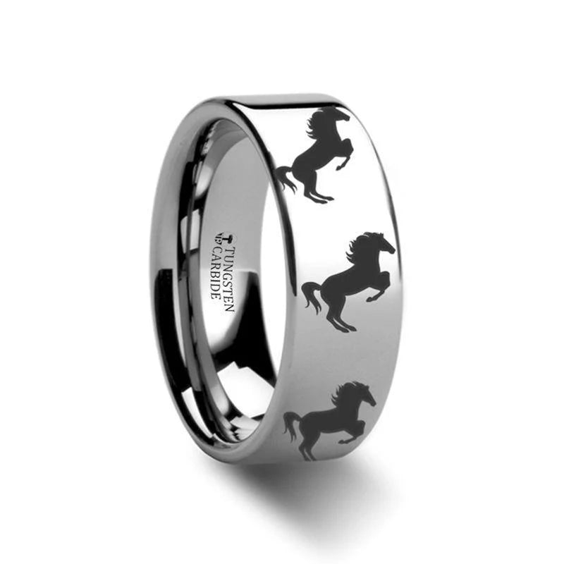 Makoto Flat Animal Horse Hind Legs Print Engraved Tungsten Wedding Ring - 4mm - 12mm