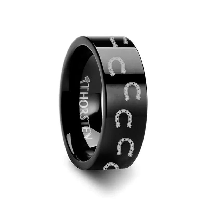 Animal Horse Shoe Print Engraved Flat Black Tungsten Ring