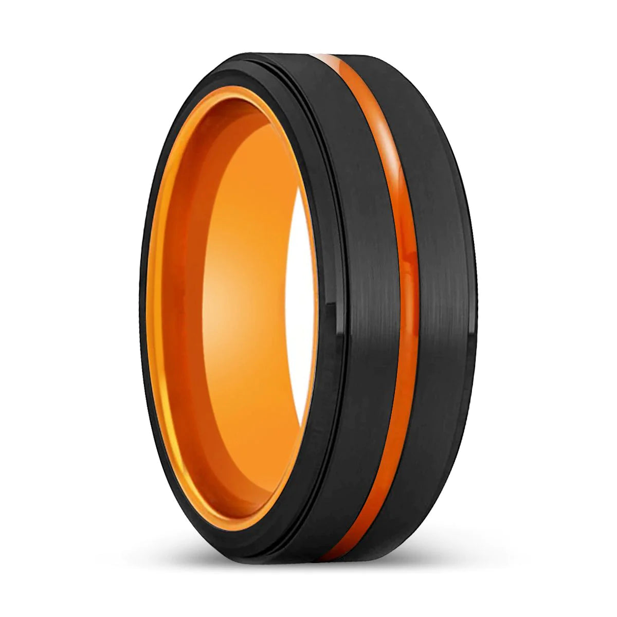 Deke Men's Black Tungsten Wedding Band with Stepped Edges Orange Groove - 8mm
