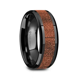 Pascal Men’s Beveled Black Ceramic Wedding Band With Orange Goldstone Inlay - 8mm - 5 / Ceramic