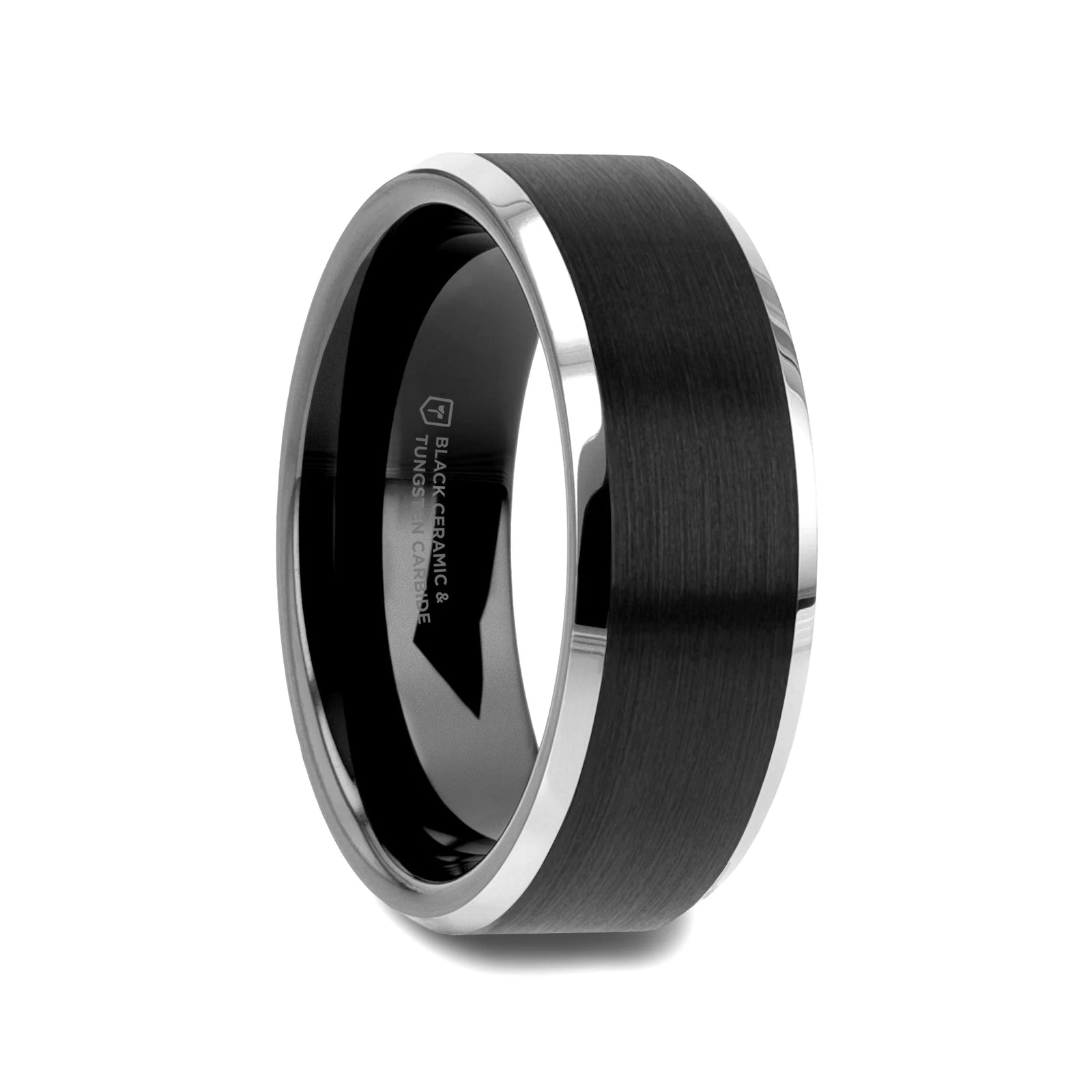 Mallow Beveled Edged Tungsten Ring with Brushed Finish Black Ceramic Center 6mm - 8mm