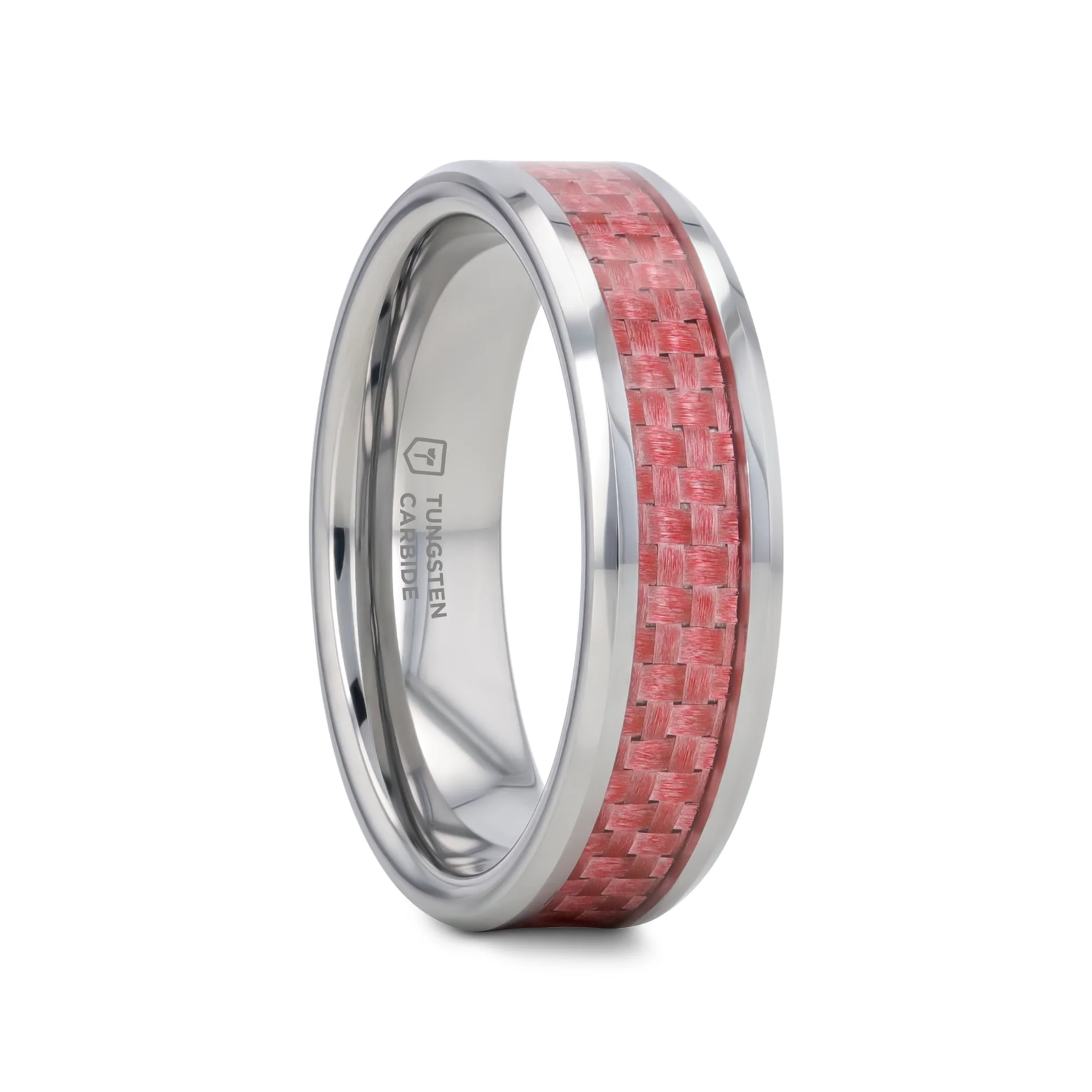 CARISE Pink Carbon Fiber Inlaid Beveled Tungsten Wedding Band 4mm & 6mm