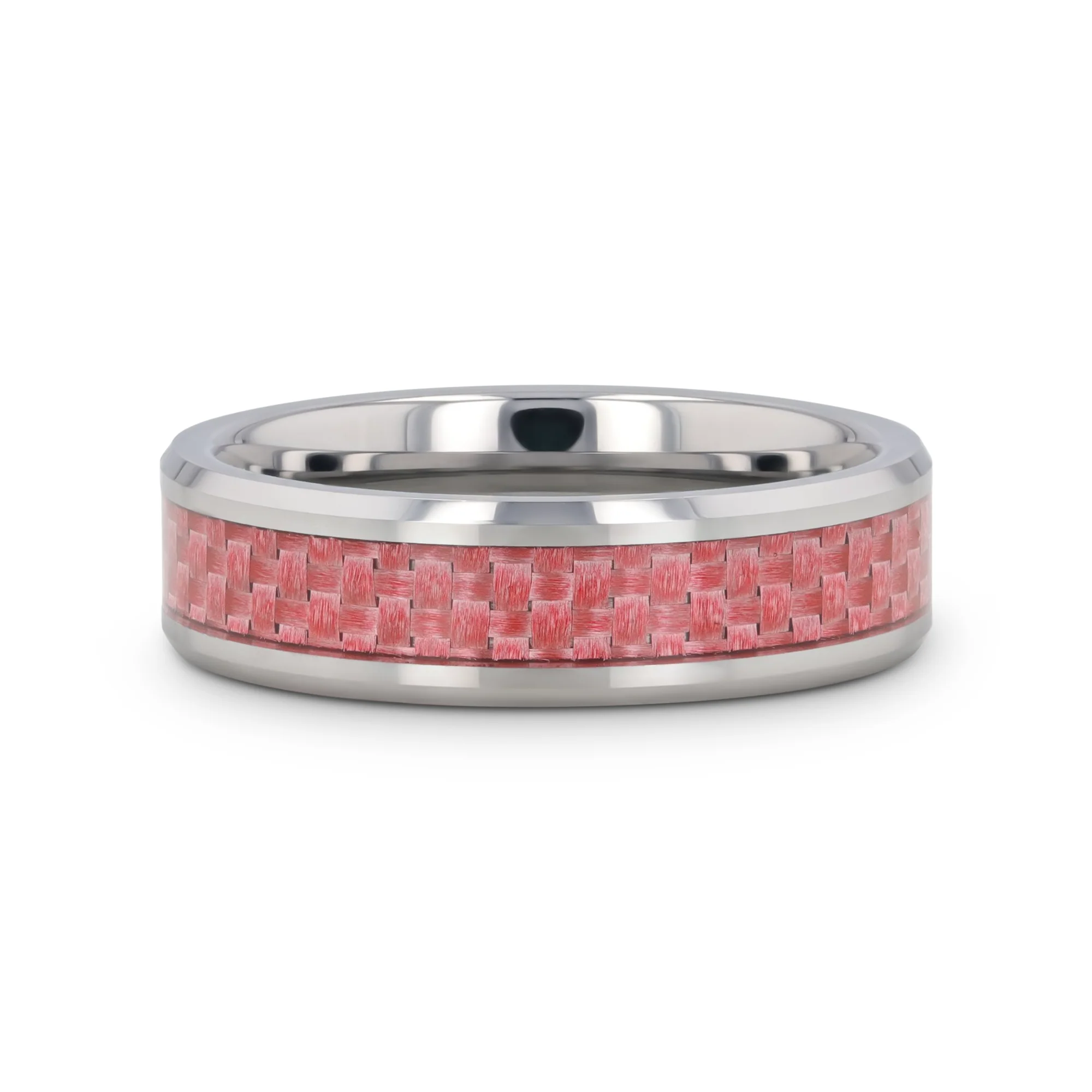 CARISE Pink Carbon Fiber Inlaid Beveled Tungsten Wedding Band 4mm & 6mm