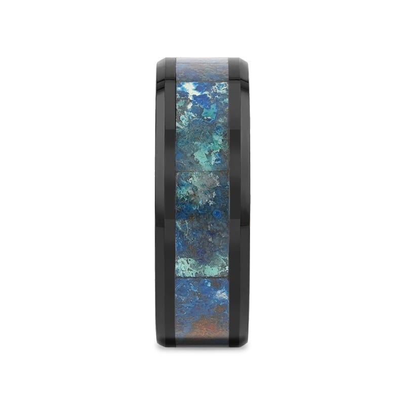 Ramon Black Beveled Ceramic Wedding Band with Polished Chrysocolla Inlay - 8mm
