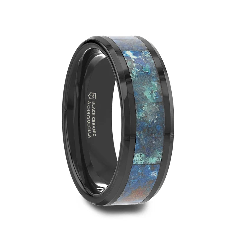 Ramon Black Beveled Ceramic Wedding Band with Polished Chrysocolla Inlay - 8mm