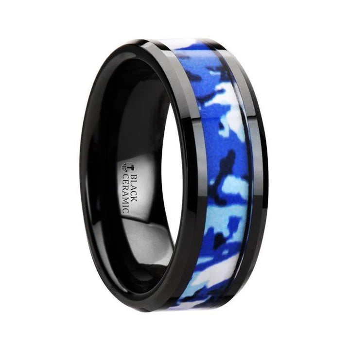 Blue and White Camouflage Black Ceramic Wedding Ring Beveled Polished Finish - 8mm