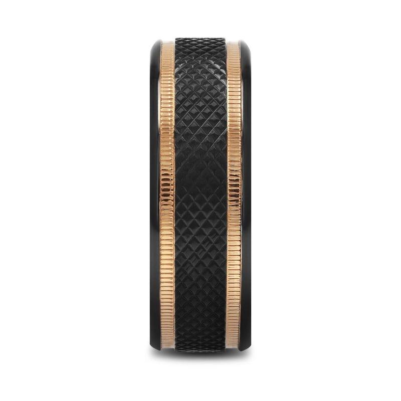 Black Titanium Diamond Pattern Brushed Finish Men’s Wedding Ring with Gold Milgrain Grooves – 8mm