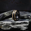 Black Titanium Diamond Pattern Brushed Finish Men’s Wedding Ring with Gold Milgrain Grooves – 8mm