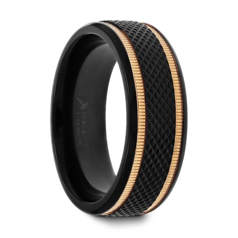 Black Titanium Diamond Pattern Brushed Finish Men’s Wedding Ring with Gold Milgrain Grooves – 8mm