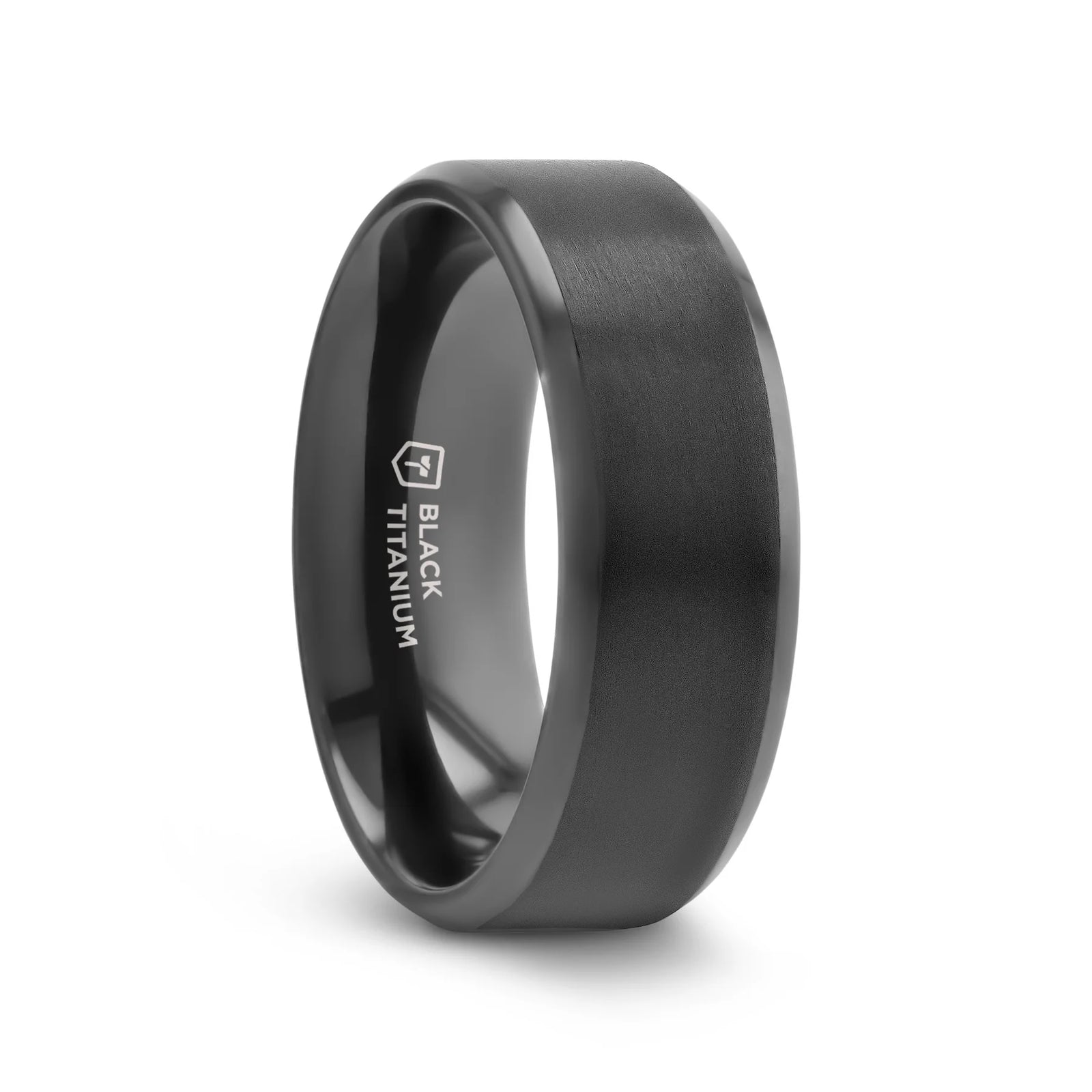 Kadin Men's Brushed Black Titanium Wedding Ring with Polished Beveled Edges - 8mm