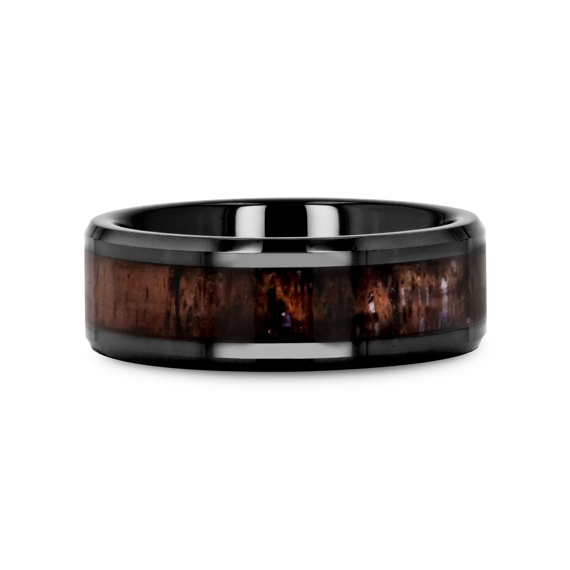 Rivas Black Ceramic Wedding Ring Deer Dark Brown Antler Inlay Beveled Edges 6mm & 8mm