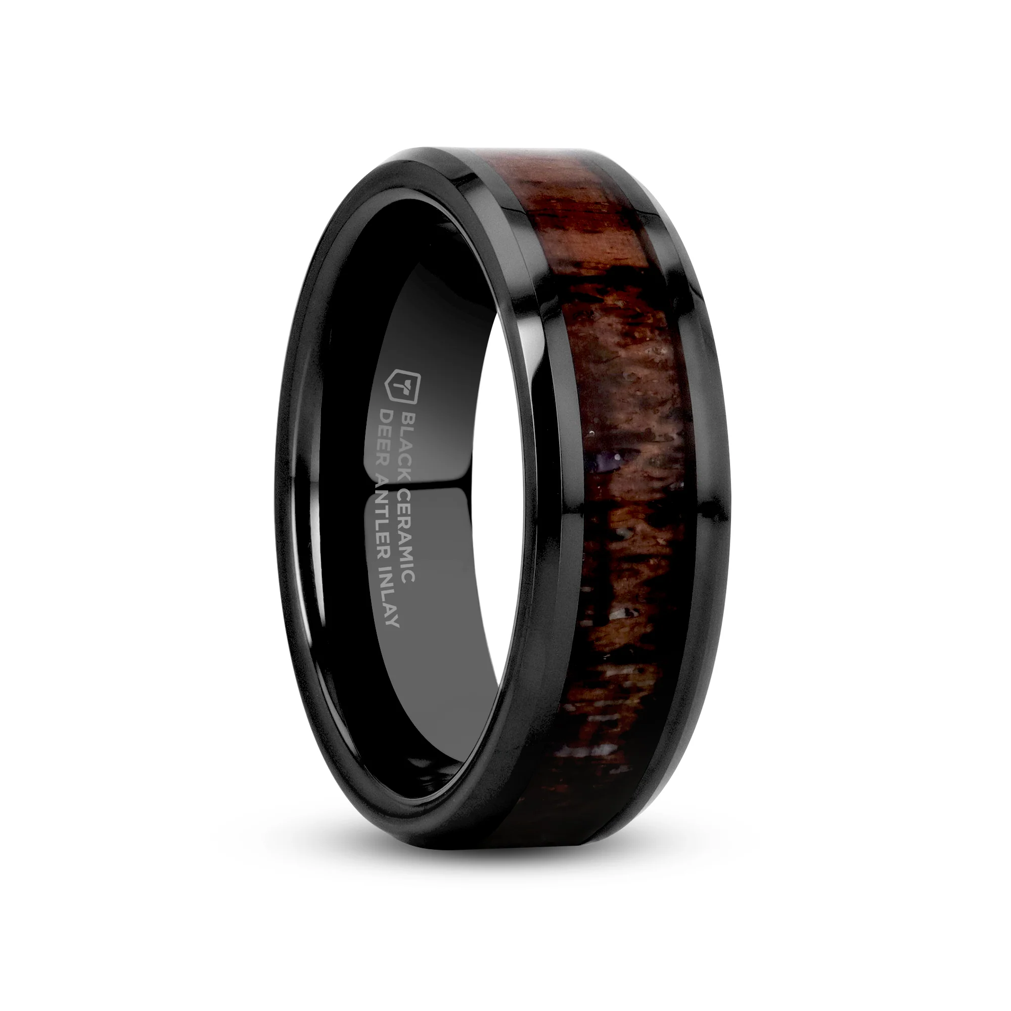 Rivas Black Ceramic Wedding Ring Deer Dark Brown Antler Inlay Beveled Edges 6mm & 8mm