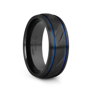 ZION Black Titanium Diagonal Pattern Wedding Ring Blue Milgrain Grooves – 8mm - 5 / Titanium