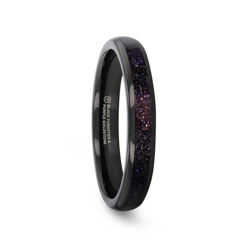Mabli  Black Tungsten Ring with Crushed Blue and Purple Goldstone Inlay - 4mm