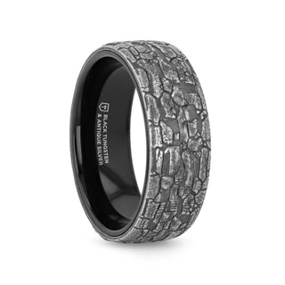 Palo Men's Black Tungsten Wedding Band with Sterling Silver Stonework Pattern - 8mm - 8mm / 5