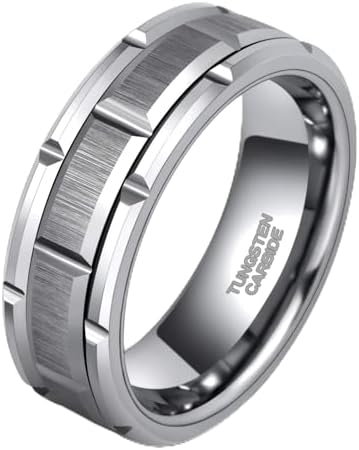 Perry Men's Brick Pattern Grooved Tungsten Ring Brushed Finish Blue Inside - 8mm