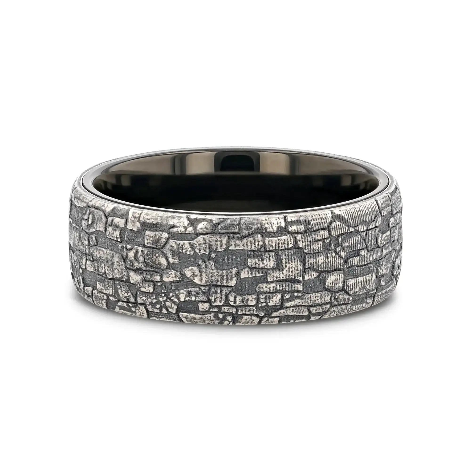 BROOKSTONE Black Tungsten Wedding Band with Sterling Silver Stonework Pattern