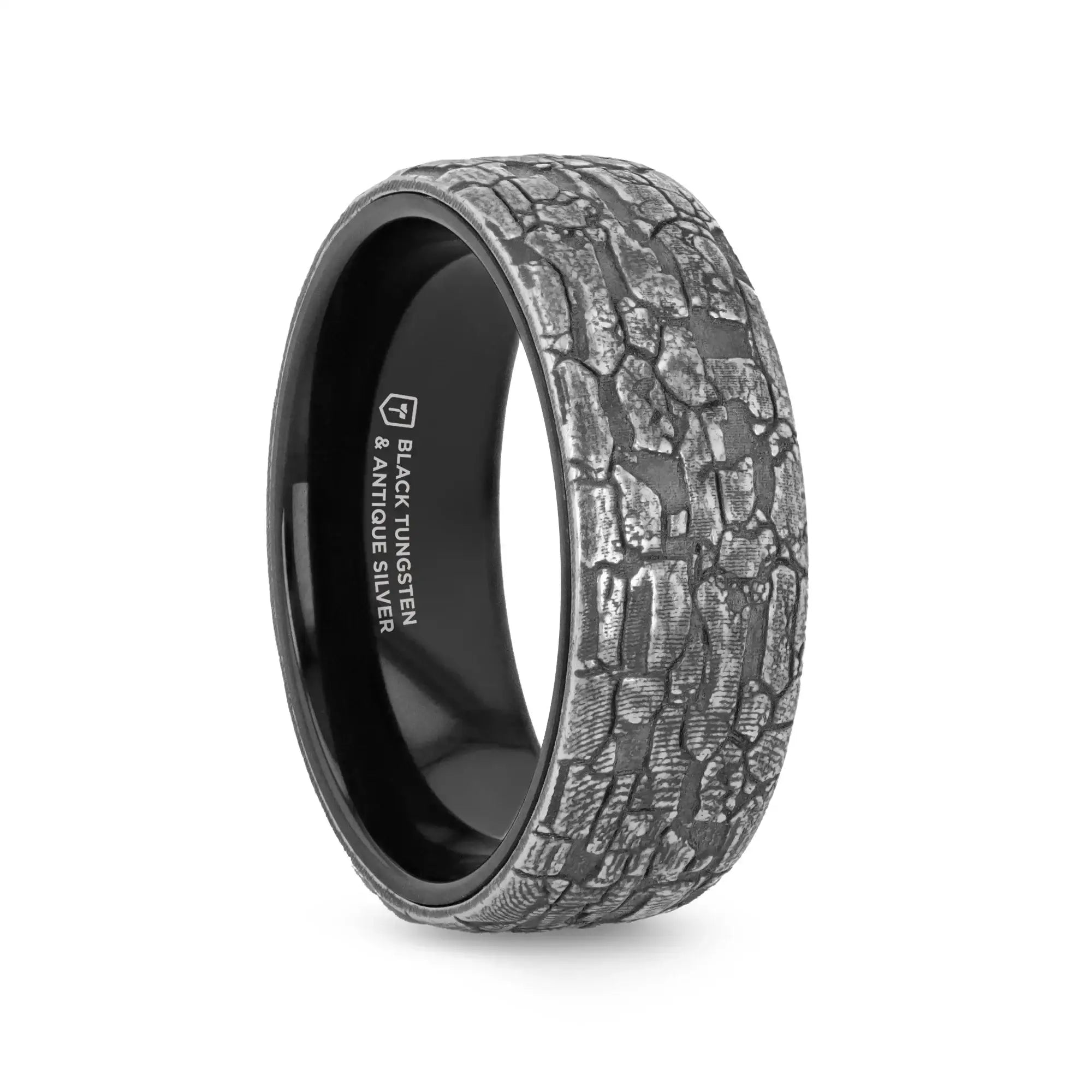 BROOKSTONE Black Tungsten Wedding Band with Sterling Silver Stonework Pattern