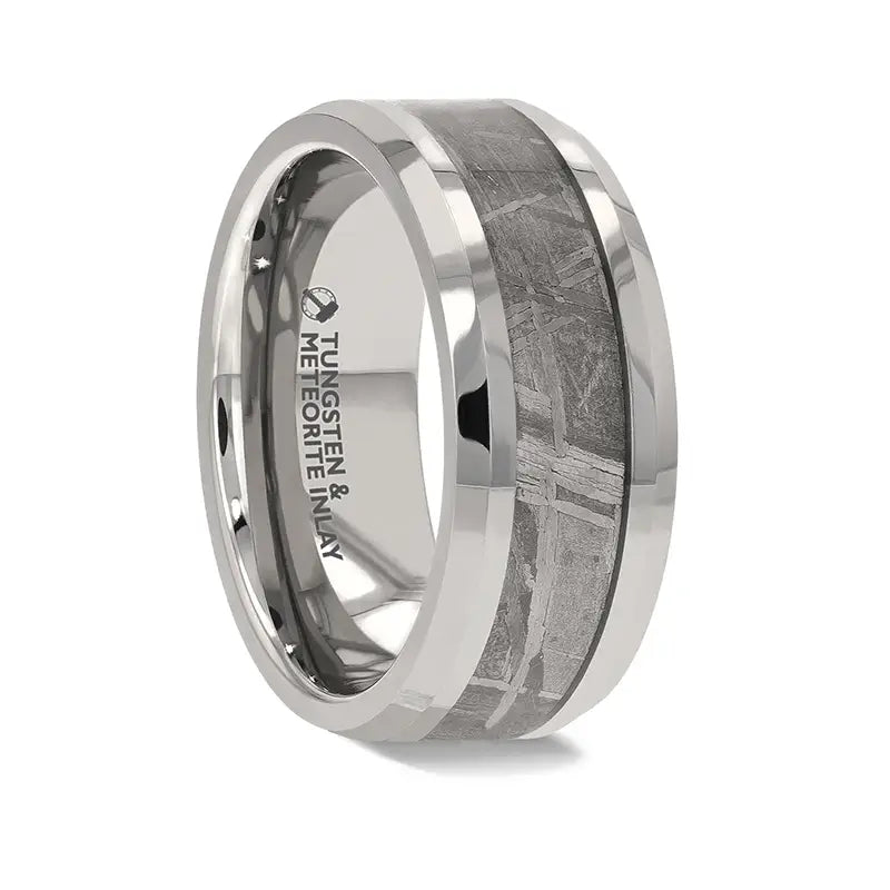 Marios Tungsten Carbide Wedding Ring Beveled Edges and Meteorite Inlay - 8mm