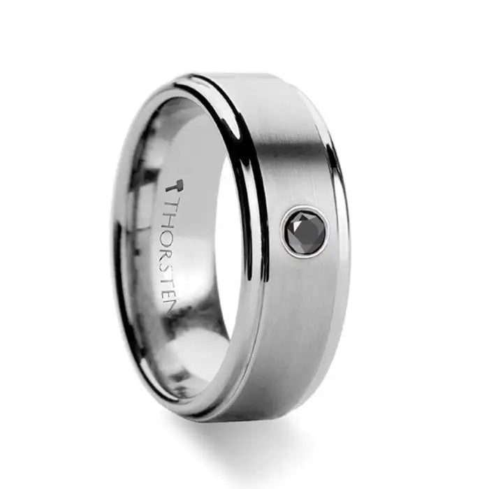 Eliel Raised Brushed Center Tungsten Carbide Ring With Black Diamond Setting - 8mm