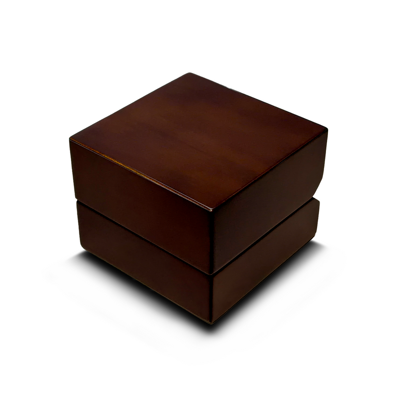 Bethel dark wood ring box, open with cushioned interior