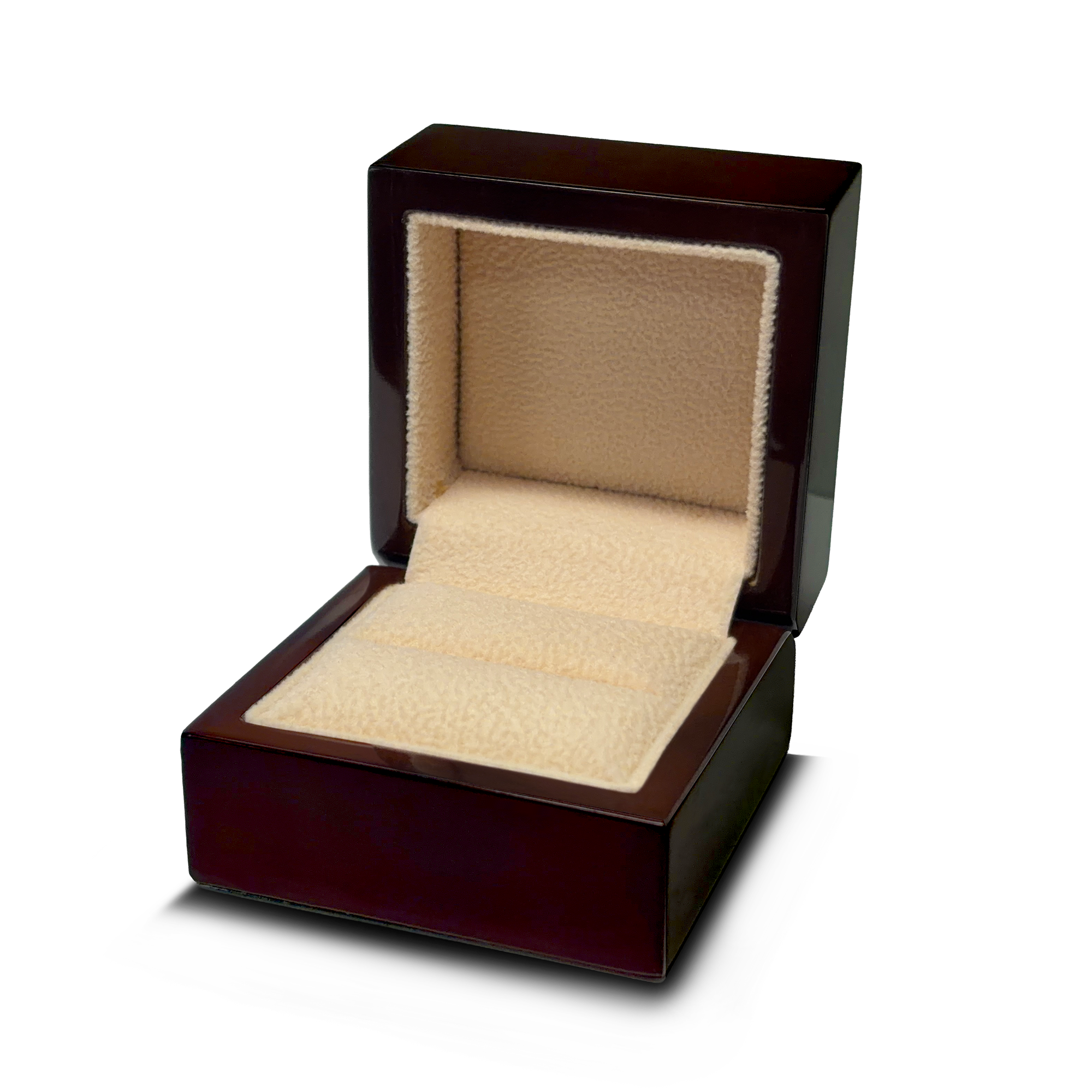 Capernaum dark wood ring box, open with fabric interior