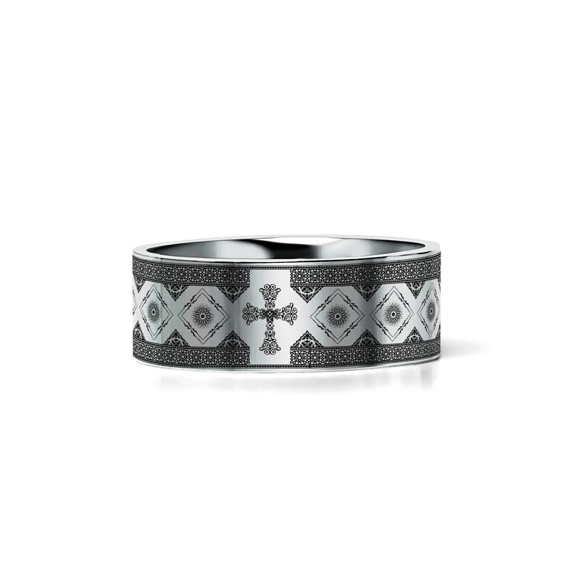 Ramla Pipe Cut Tungsten Carbide Wedding Ring with Engraved Cross Pattern 6mm - 10mm