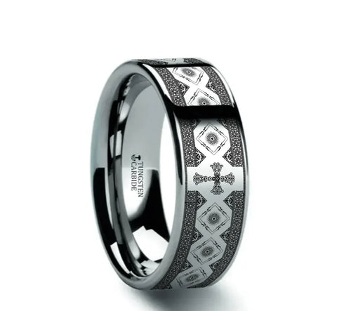 Ramla Pipe Cut Tungsten Carbide Wedding Ring with Engraved Cross Pattern 6mm - 10mm