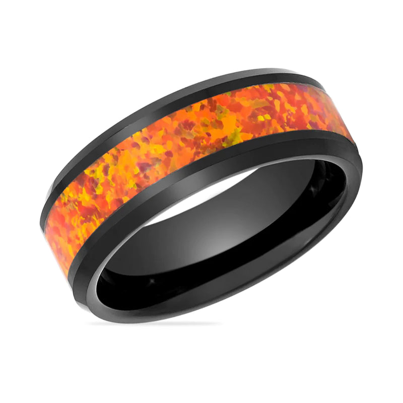 Petros Black Beveled Tungsten Ring with Orange Opal Inlay - 8mm