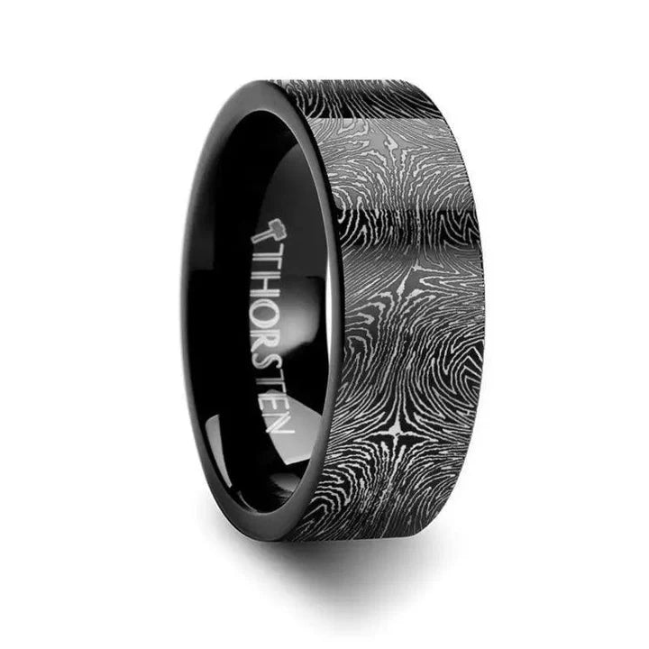 Reki Damascus Steel Pattern Unisex Flat Black Tungsten Carbide Ring - 4mm - 12mm