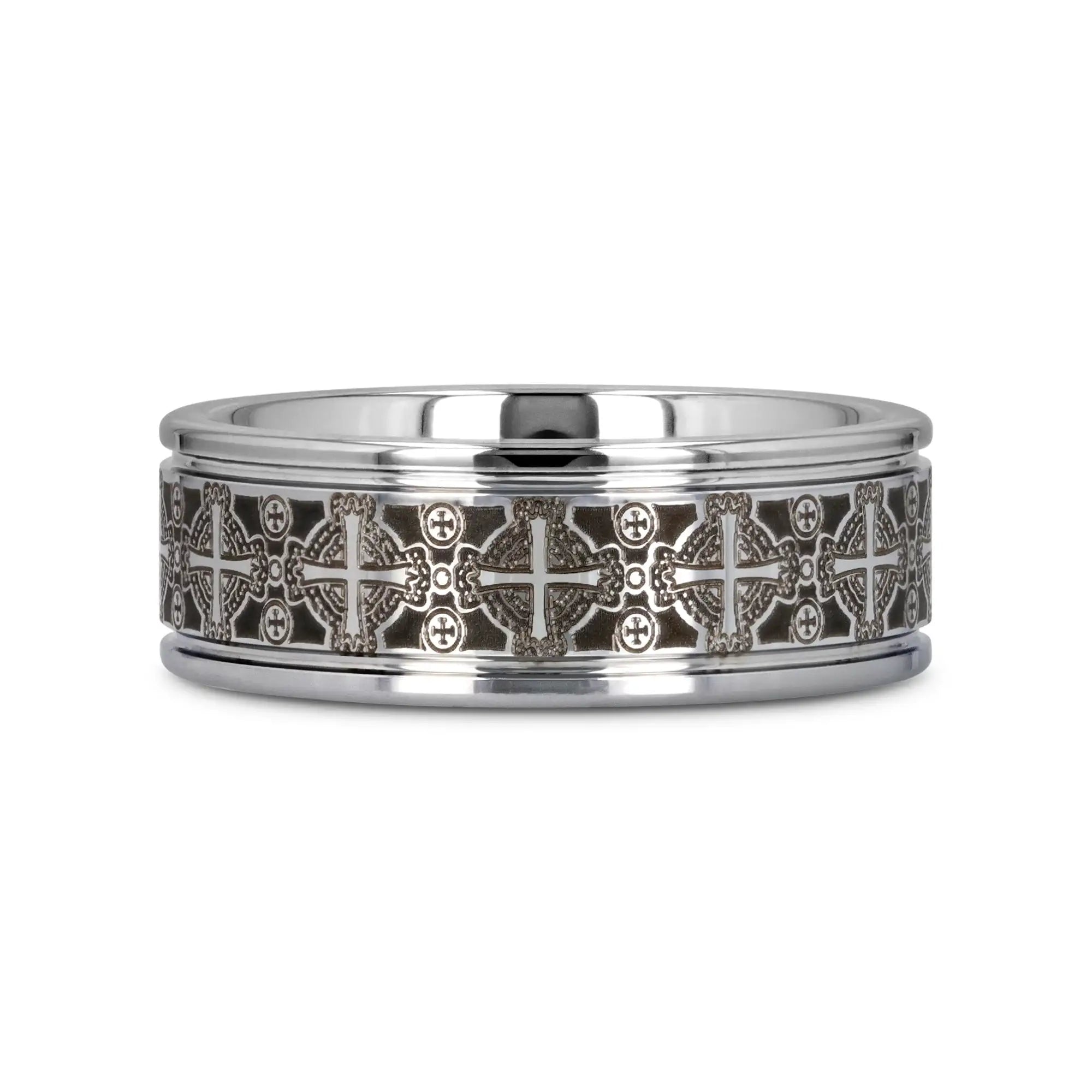 Philadelphia tungsten ring with Celtic cross engraving, detail view