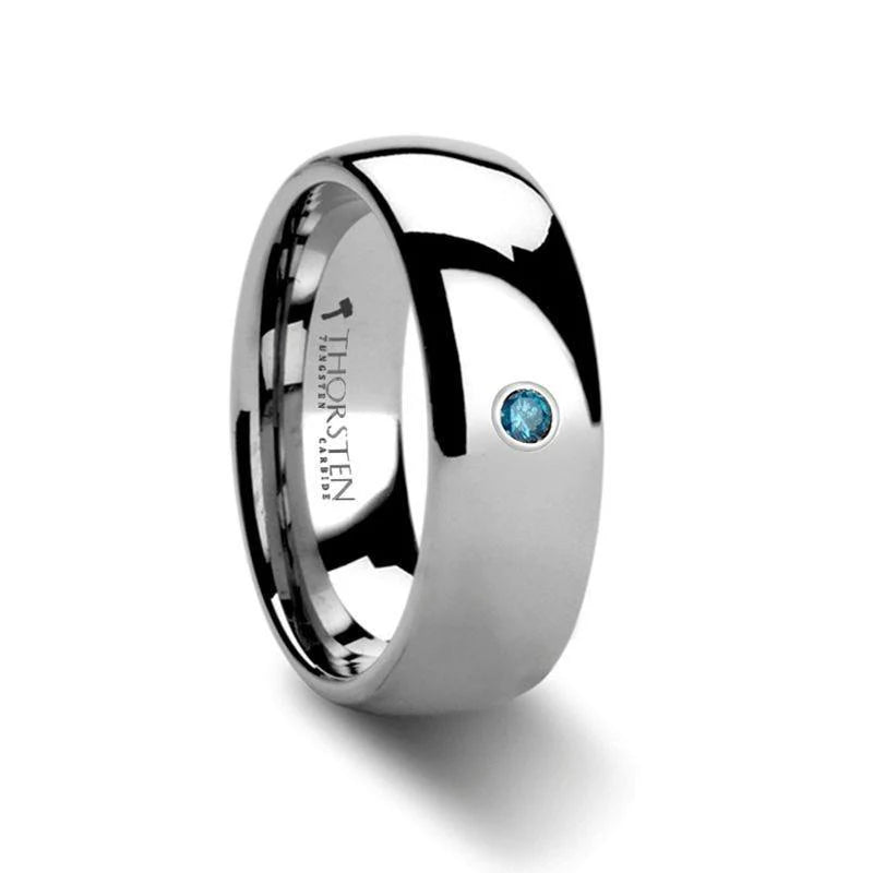 Raivo Domed Blue Diamond Tungsten Carbide Wedding Band Highly Polished - 6mm & 8mm