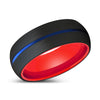 Marley Black Domed Tungsten Ring Blue Grooved Center & Red Inside - 6mm & 8mm