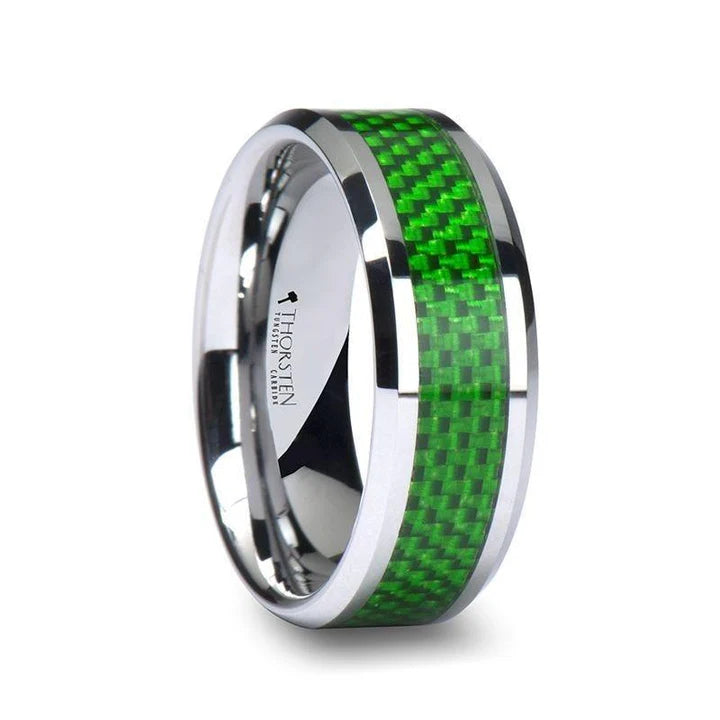 Julian Men's Emerald Green Carbon Fiber Inlaid Tungsten Wedding Band - 8mm