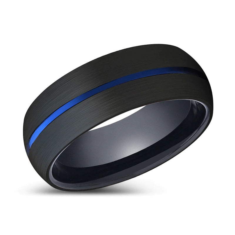 Medardo Domed Black Tungsten Ring with Blue Center Groove - 6mm & 8mm