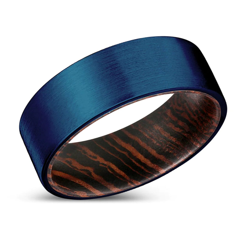 Daxton Blue Brushed Flat Tungsten Ring with Wenge Wood Sleeve - 6mm & 8mm