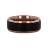 Rose gold ring with brushed black center band and polished beveled edges, displayed at an angle.