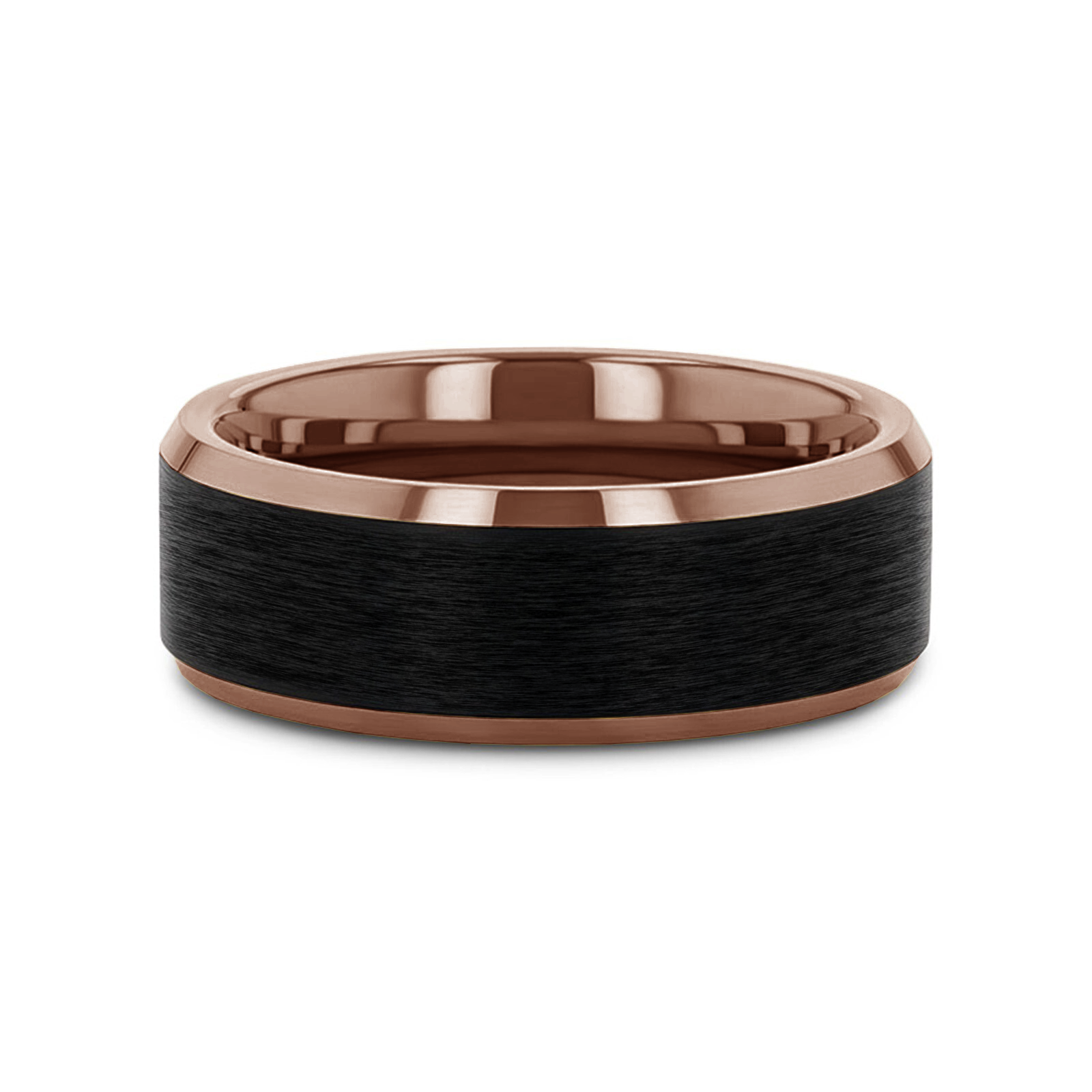 Rose gold ring with brushed black center band and polished beveled edges, displayed at an angle.