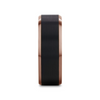 Two-tone tungsten ring with brushed black center stripe and polished copper-colored beveled edges.