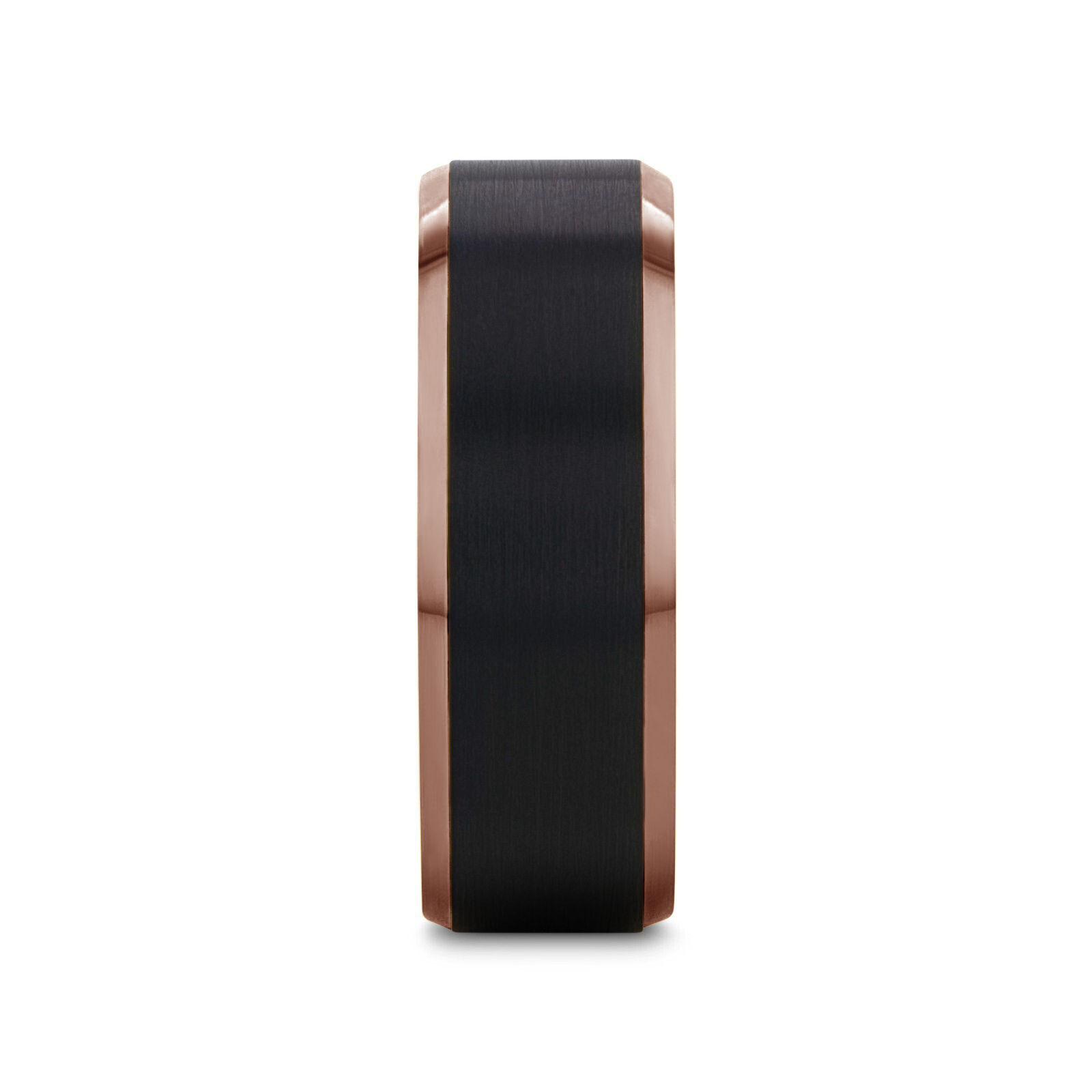 Two-tone tungsten ring with brushed black center stripe and polished copper-colored beveled edges.