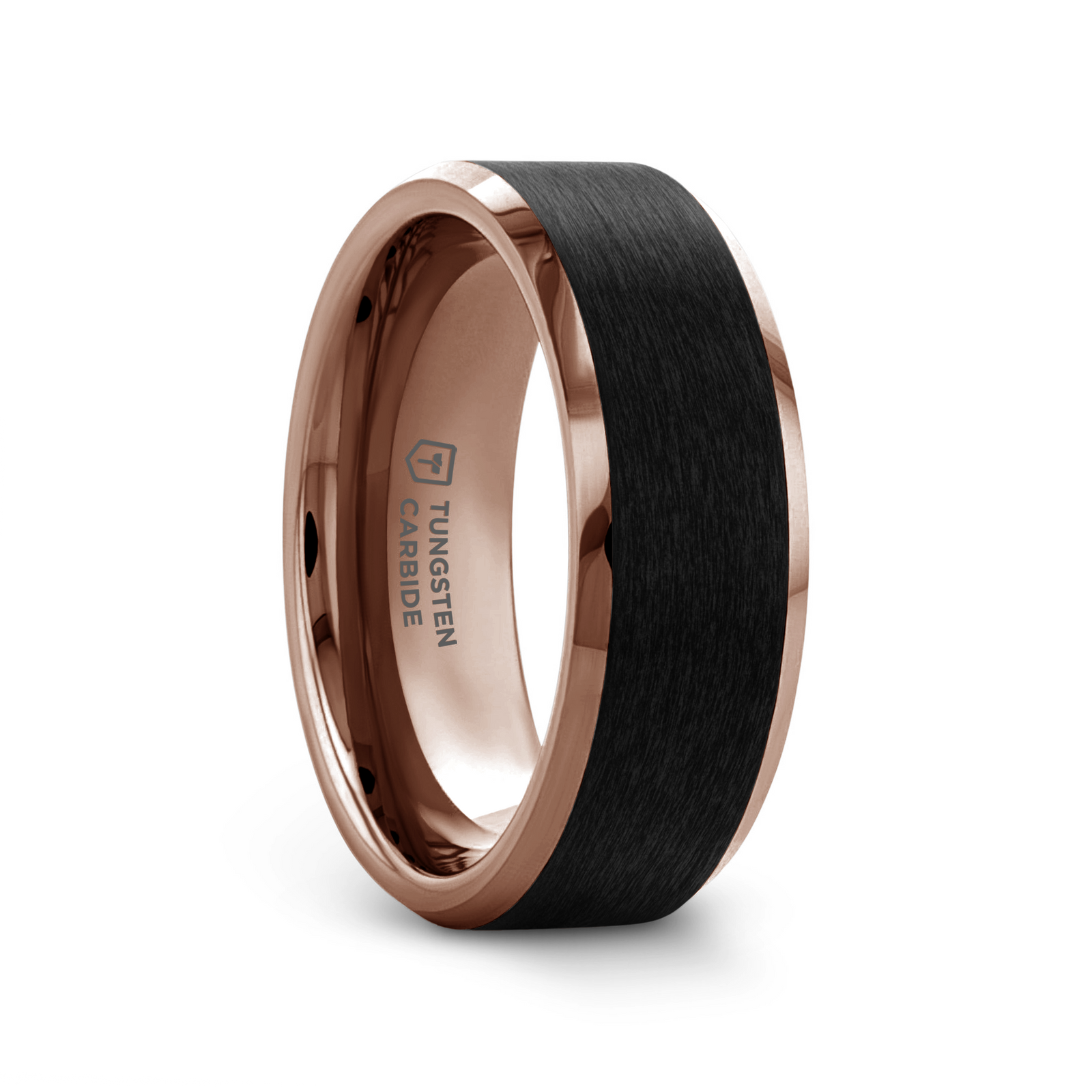 Tungsten ring with rose gold polished beveled edges and brushed black center band, shown from angled side view.