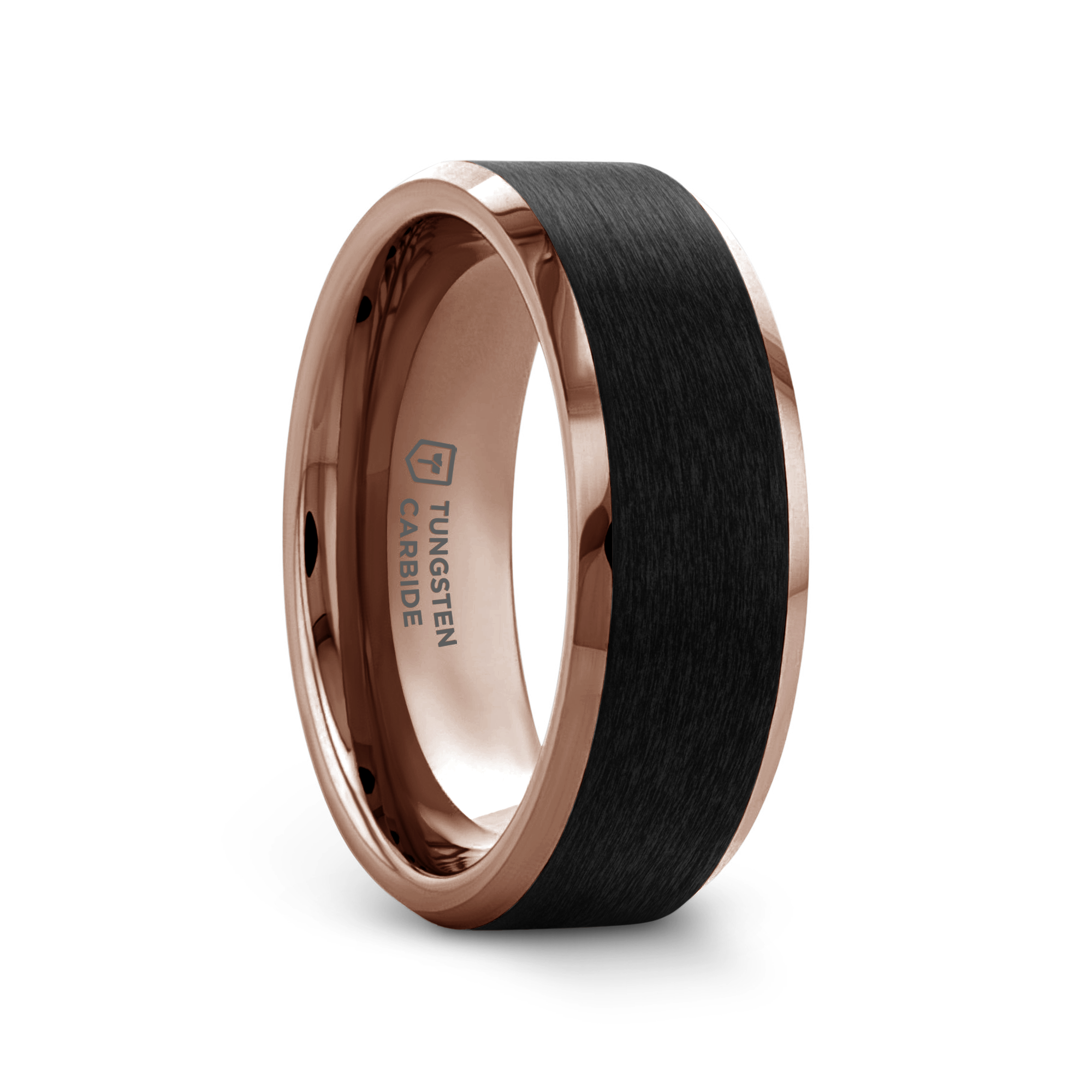 Tungsten ring with rose gold polished beveled edges and brushed black center band, shown from angled side view.