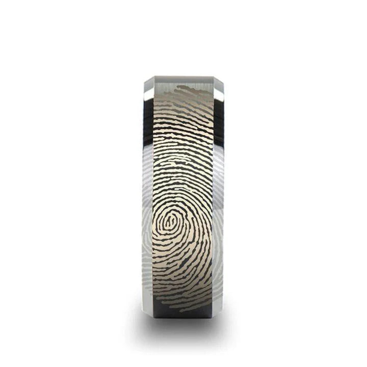 Kaito Fingerprint Engraved Flat Black Tungsten Ring Polished Beveled Edges- 4mm - 10mm