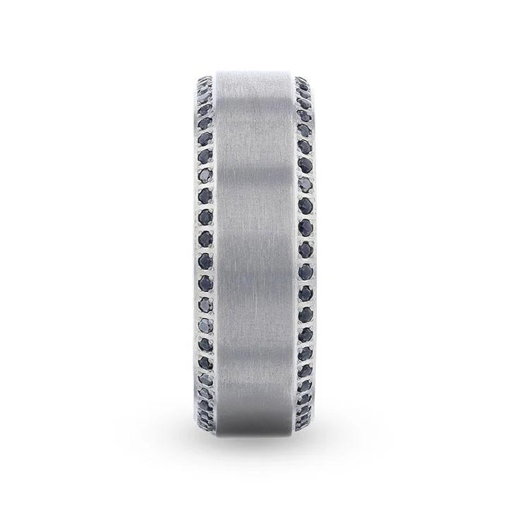 Flat Brushed Center Titanium Men's Wedding Band with Black Sapphire Polished Beveled Edges - 8mm