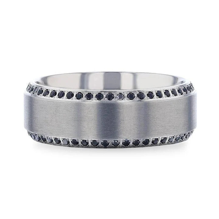 Flat Brushed Center Titanium Men's Wedding Band with Black Sapphire Polished Beveled Edges - 8mm