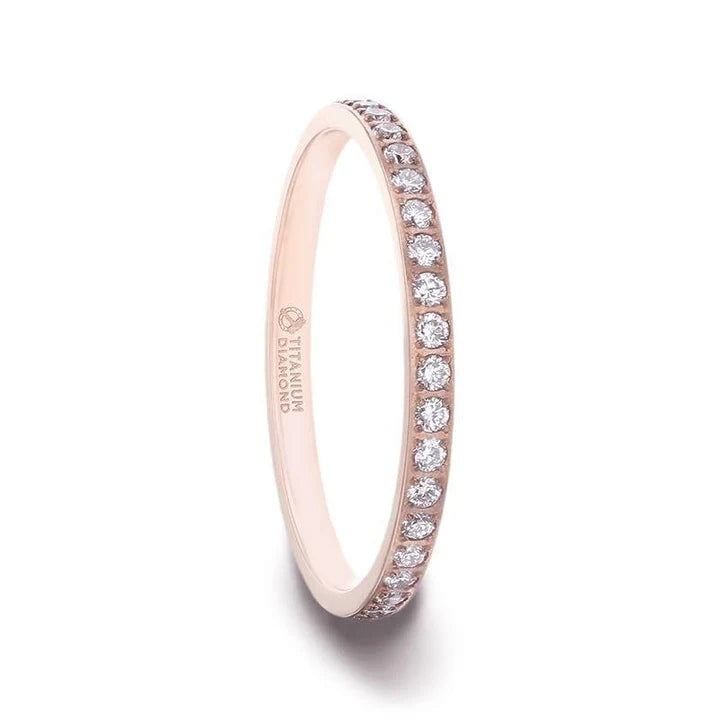 Flat Polished Rose Gold Plated Titanium Women's Wedding Ring With Small Lab-Created White Diamonds Setting - 2mm